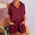 thumbnail image 5 of Womens Casual 2 Piece Outfits Cotton Linen Sets V Neck Oversized Shirt Shorts Pajama Lounge Beach Set Solid Casual Short Sleeve Top Set, 5 of 7
