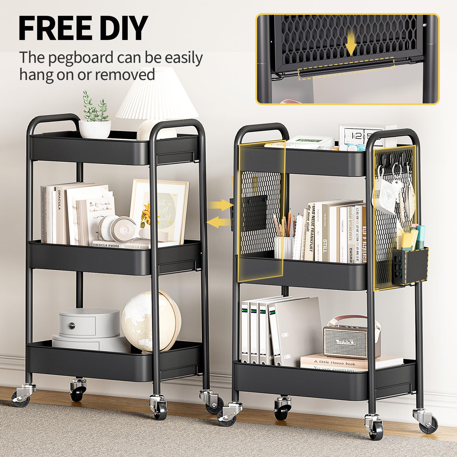 4 Tier Rolling Storage Cart with Pegboard, Metal Organizer Cart with Wheels, Hooks & Bins, Sturdy Multi-Purpose Storage for Bathroom, Kitchen, Office, Nursery
