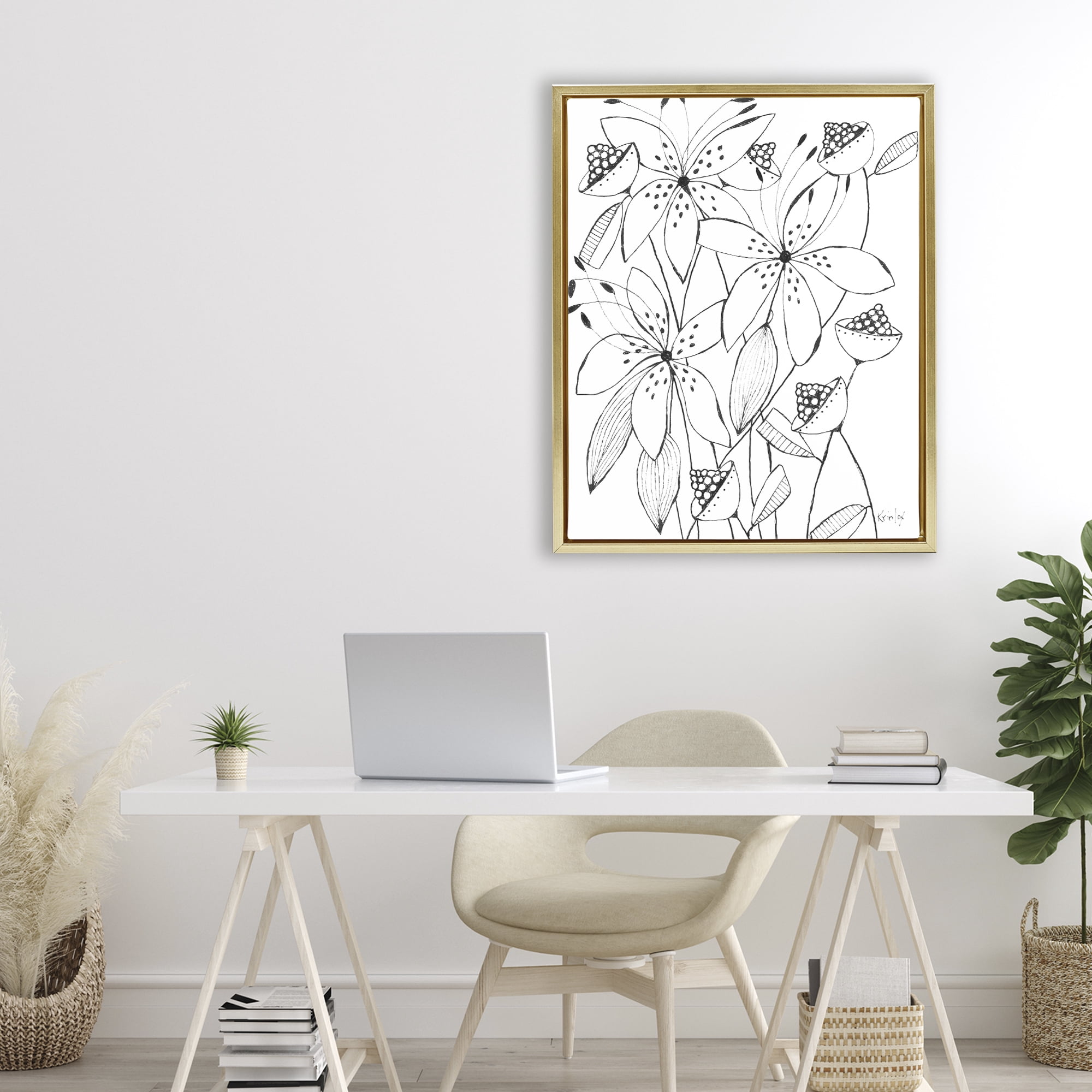 Stupell Industries Open Blooms Outline Gold Framed Floater Canvas Wall Art, design by Krinlox