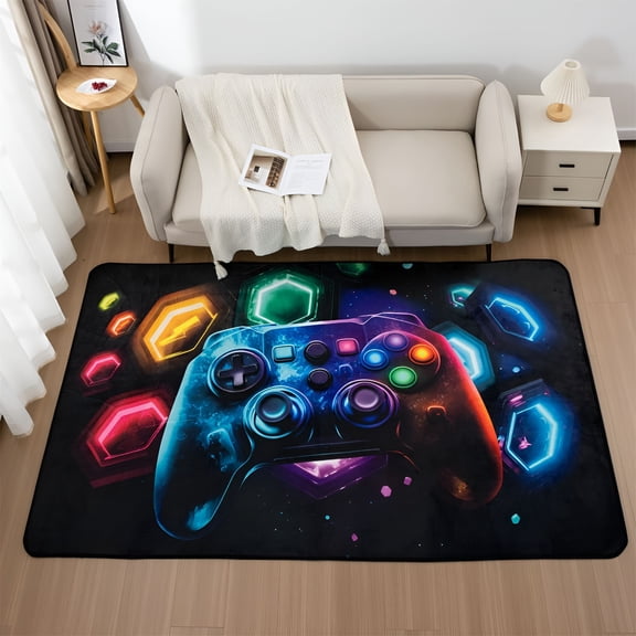 RLESO Game Console Area Rug for Bedroom Sofa Playroom Gaming Geometric Bedside Rugs Gamer Decorative Floor Mat Carpet (3x5 Feet, Black)