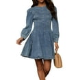 thumbnail image 3 of Denim Shirt Dress for Women Long Sleeve Crew Neck Denim Dresses Fall Cute A Line Mini Short Jean Dress Denim Blue S, 3 of 9