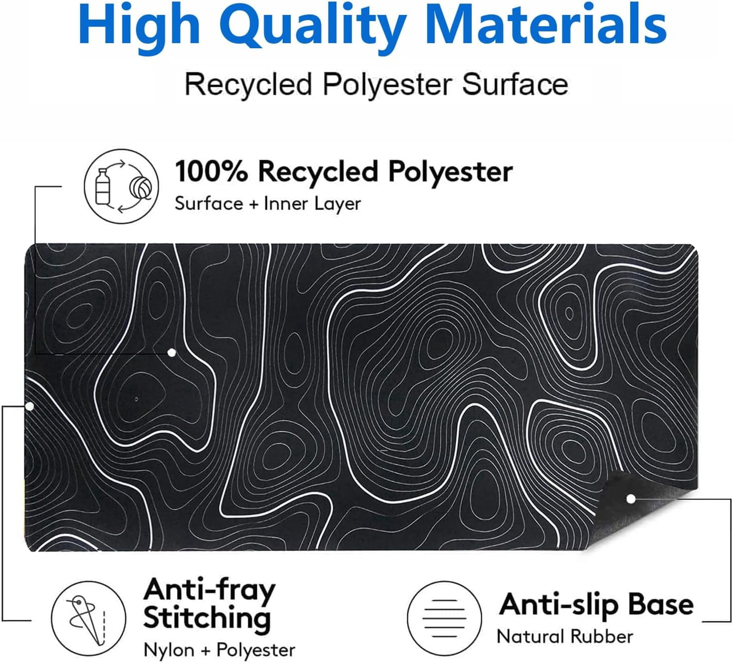 XXL Extended Topographic Gaming Mouse Pad Minimalist Black Map Desk Pads Contour Lines Large Mouse Mat Stitched Edges Desktop Mousepad with Non-Slip Base(Size:35.4x15.7in)