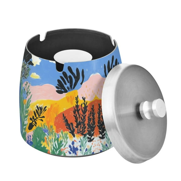 Yayeee Ashtray with Lid for Cigarette Smokeless Stainless Steel Home Ash Holder, Colorful Landscape