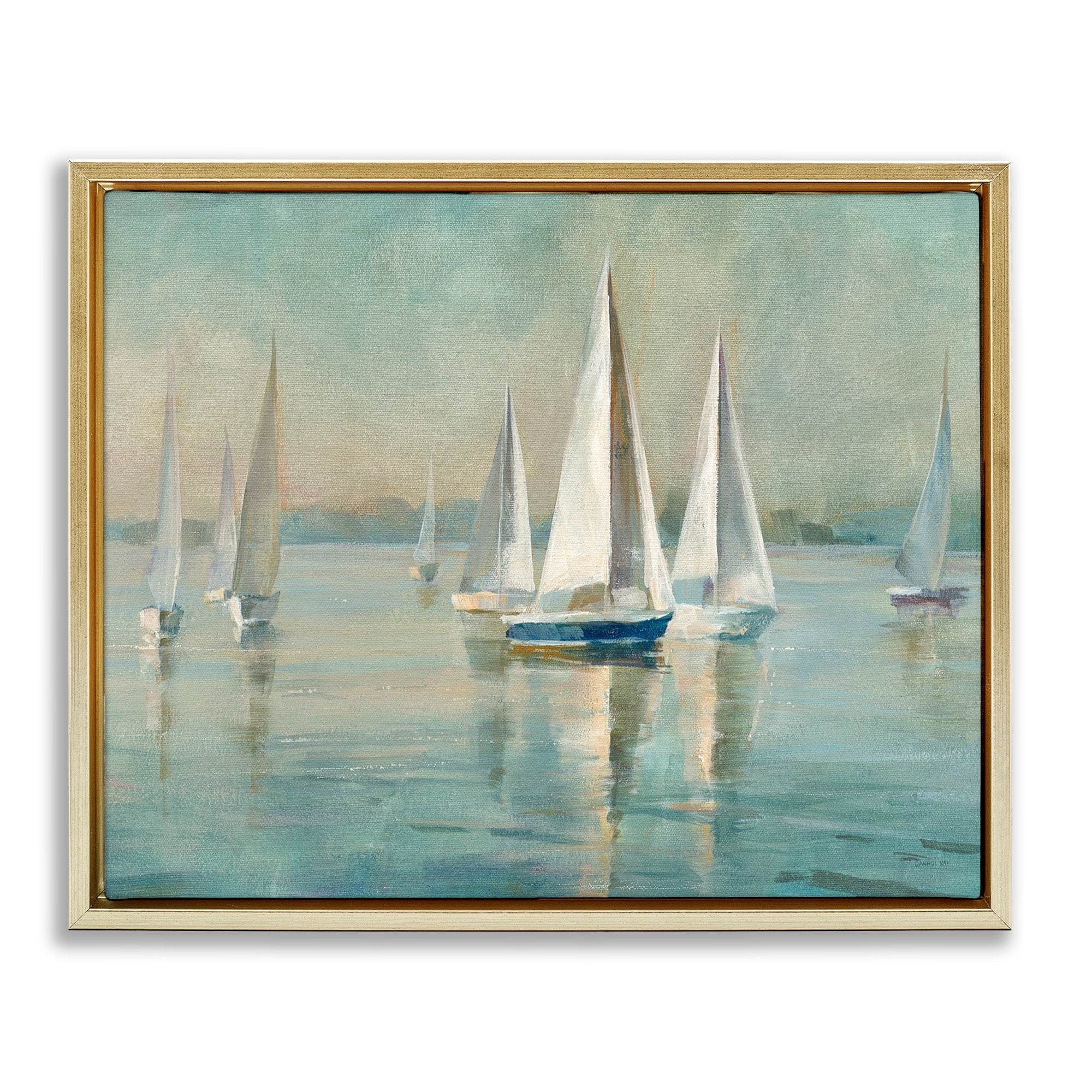 Stupell Industries Traditional Sailboats Water Lake Relaxed Nautical Painting Metallic Gold Framed Floating Canvas Wall Art, 16x20, by Danhui Nai
