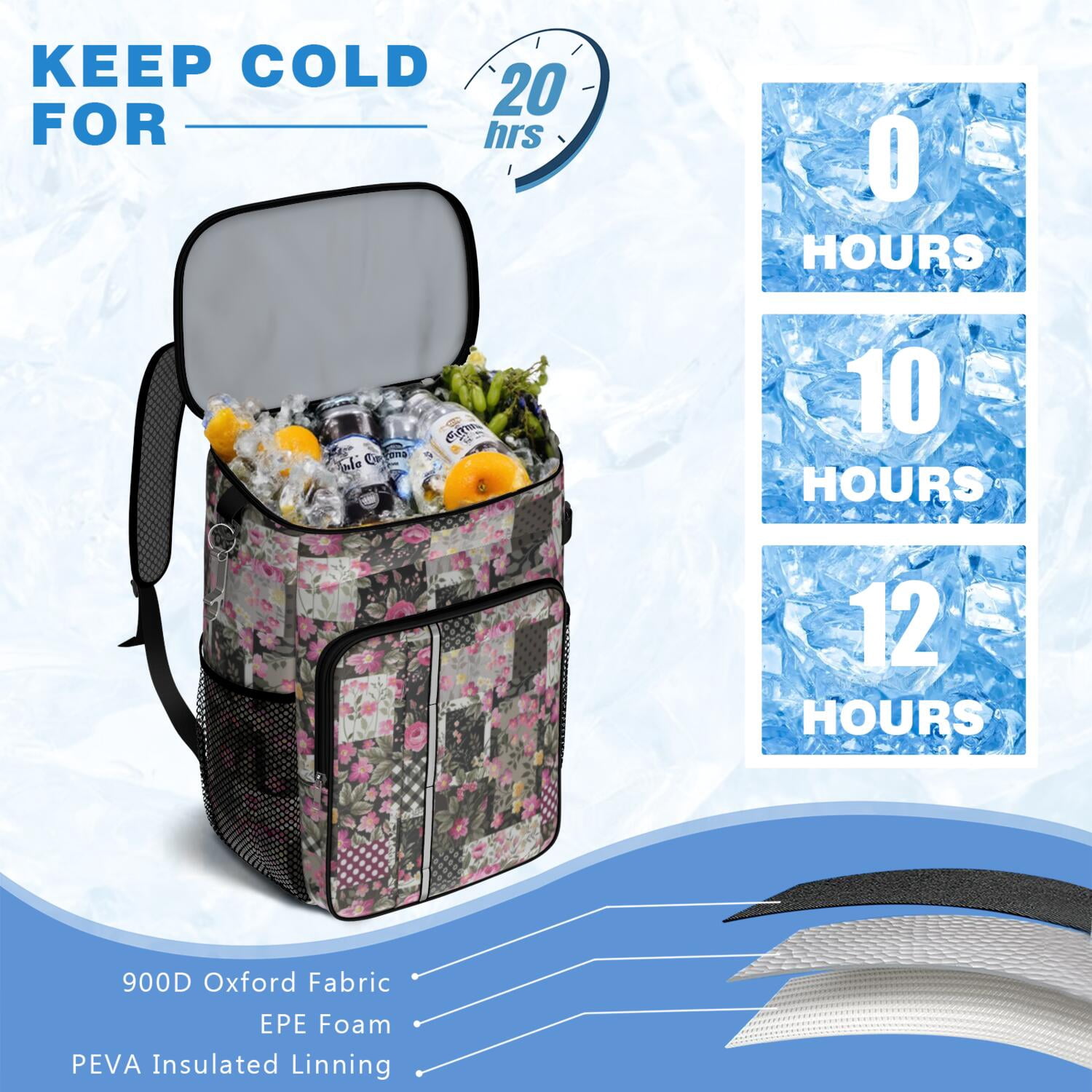 Travel Cooler Bag - Pioneer Flower Camping Beer Cooler Backpack with Bottle Opener- Waterproof Insulated Picnic Backpacks - Cooler Bag for Beach