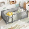 thumbnail image 3 of Bellemave Twin Montessori Bed Frame, Wood Twin Size Floor Bed with High Fence Rails, Twin Beds Frame for Bedroom Playroom (Gray), 3 of 8