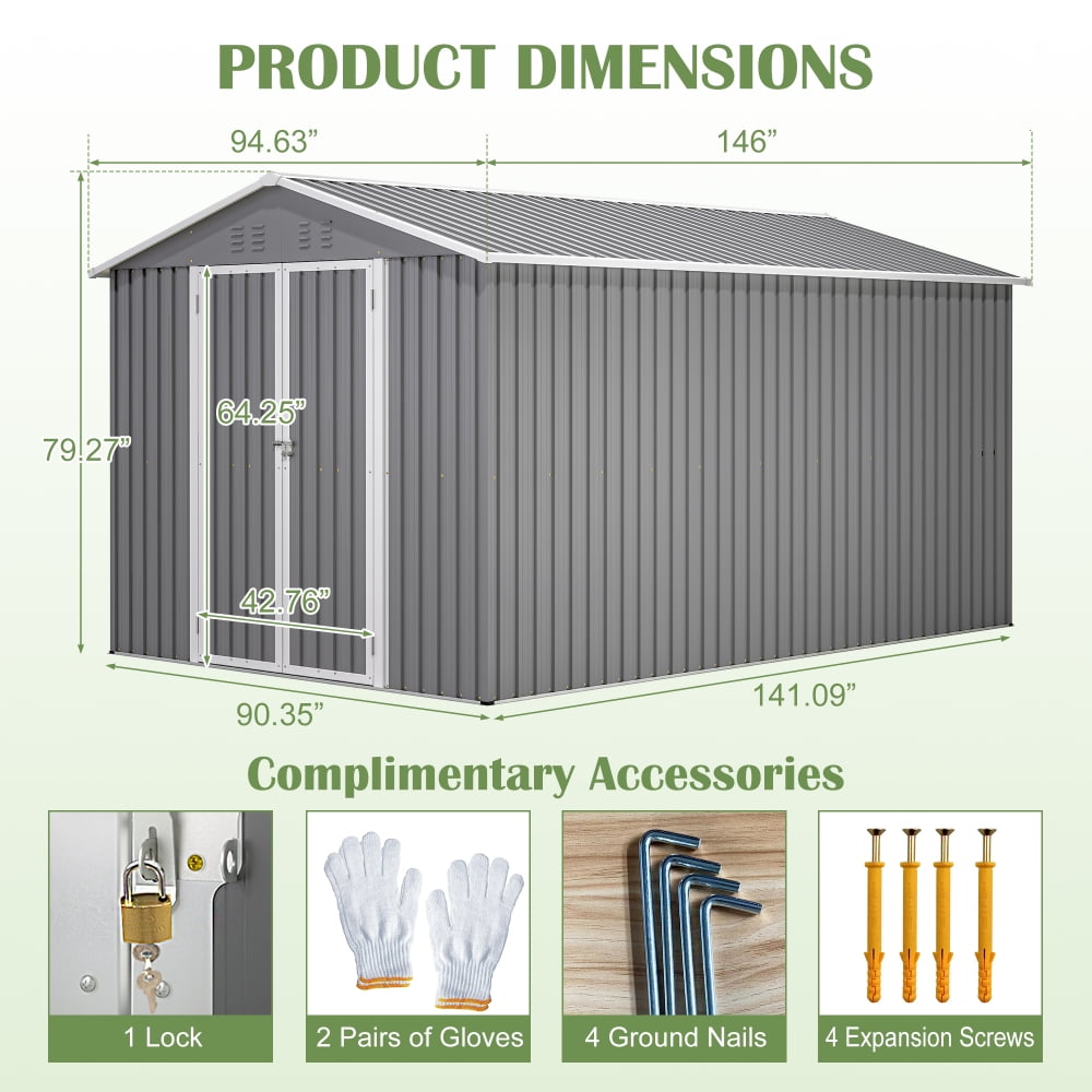 8x12 FT Aluminum Frame Storage Shed - Secure Lockable Doors for Garden, Patio & Lawn Equipment Protection