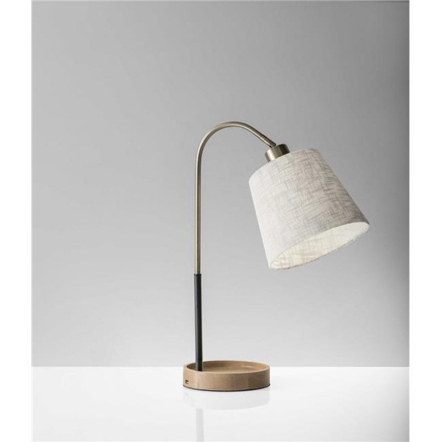 Antique Brass & Black Metal Desk Lamp with USB Charging Station Wood Base