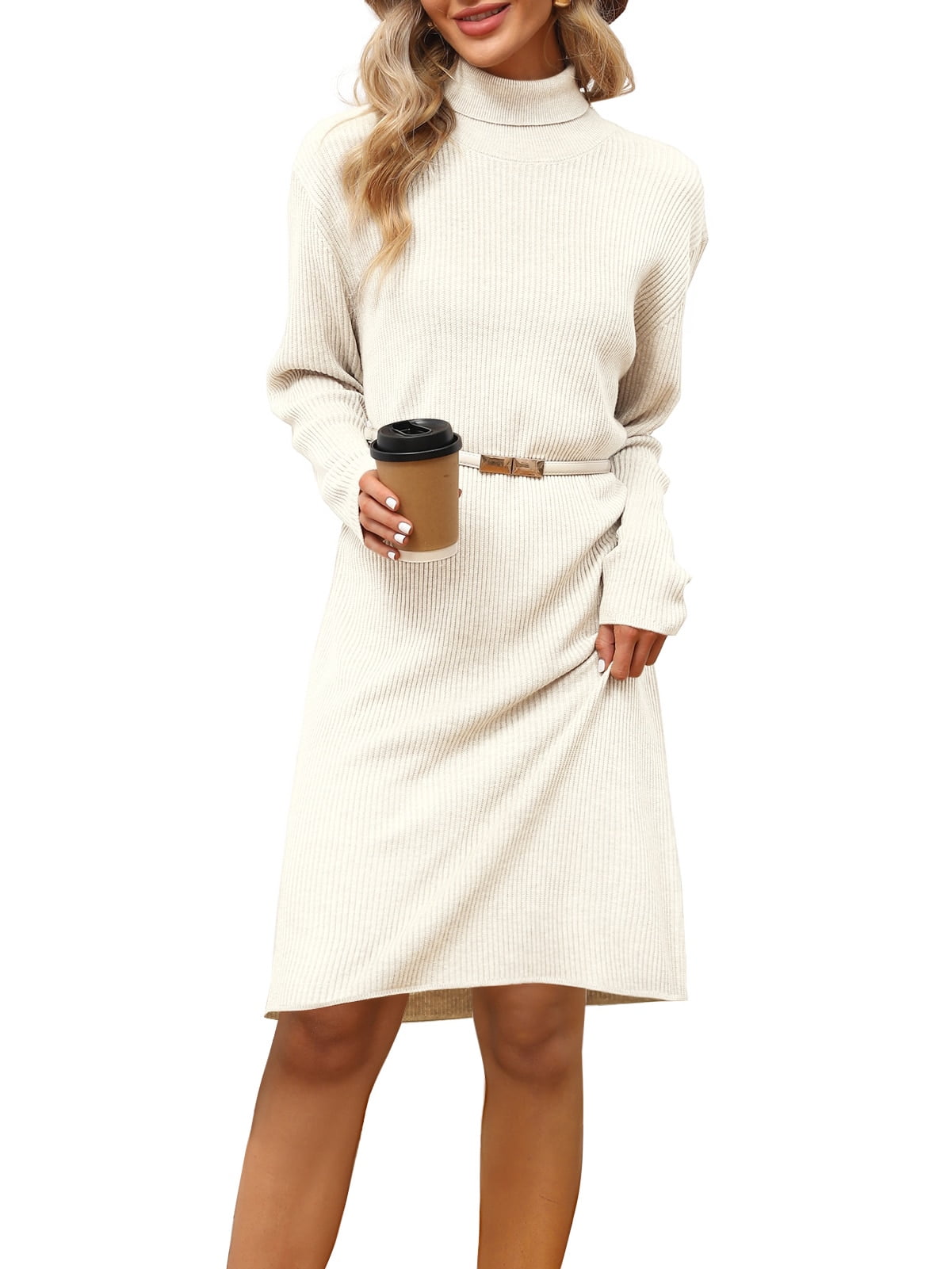 LANPULUX White Sweater Dresses Long Sleeve Dresses for Women Turtleneck