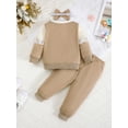 thumbnail image 3 of KIMI BEAR Newborn Baby Girls Outfit Sets 6-9 Months Winter Clothes Long Sleeves Letter Print Sweatshirt Top Color Block Lace Pullover Tops Pants Set with Headband 3pcs Apricot, 3 of 8