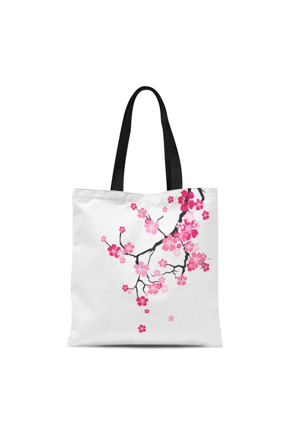 Canvas Tote Bag Tree Cherry Blossom Sakura Flowers Pink on Branch Flat Reusable Shoulder Grocery Shopping Bags Handbag