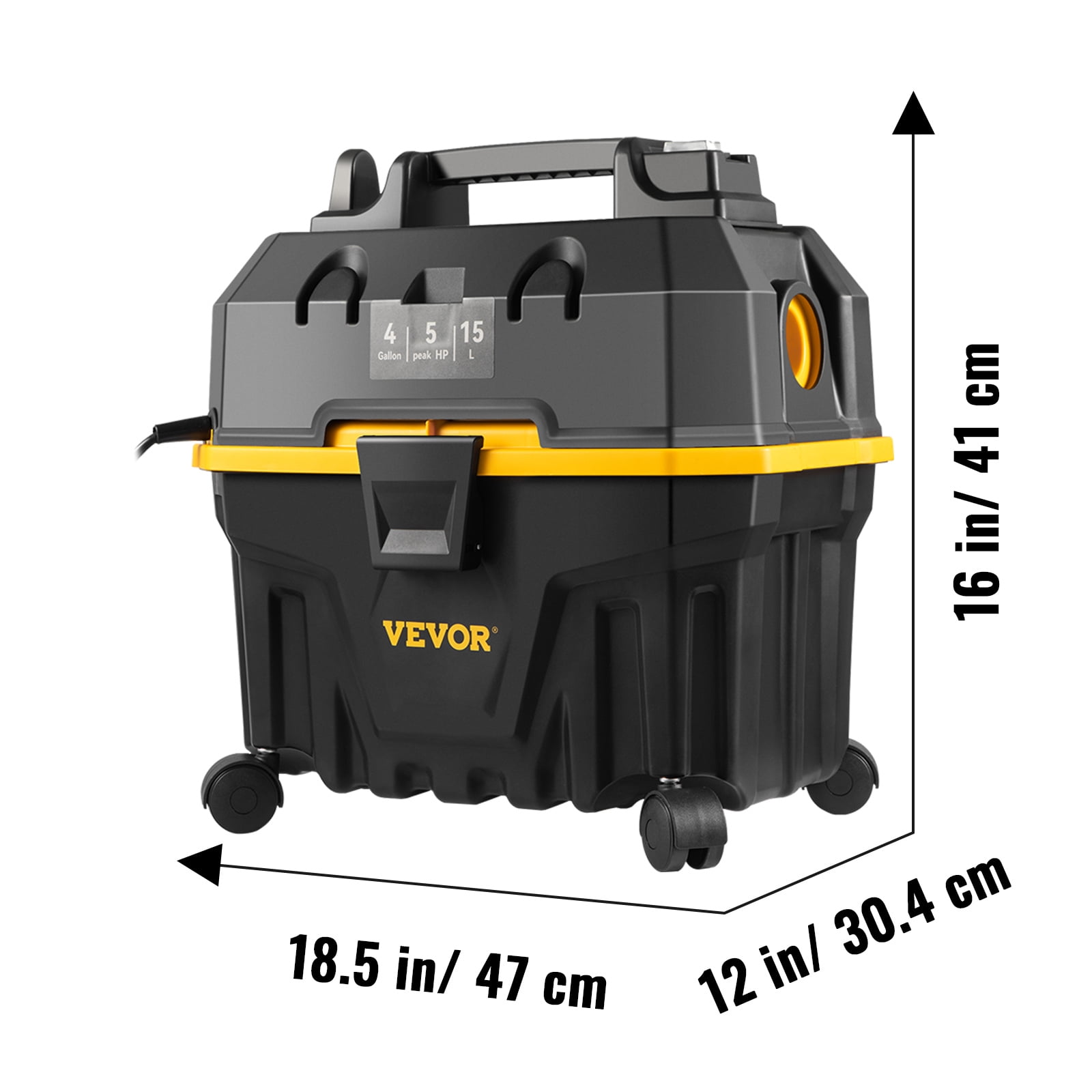 VEVOR Wet Dry Vac, 4 Gallon, 5 Peak HP, 3 in 1 Shop Vacuum with Blowing Function Portable Attachments to Clean Floor, Upholstery, Gap, Car, ETL Listed, Black/Yellow