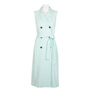 Ellen Tracy Notched Collar Tie Waist Solid Tretch Coat Linen Dress-CELADON / 16