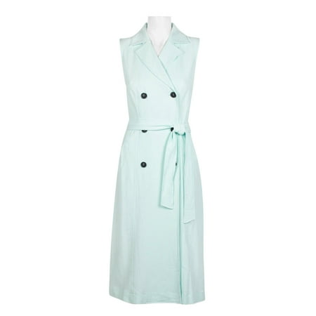 Ellen Tracy Notched Collar Tie Waist Solid Tretch Coat Linen Dress-CELADON / 16