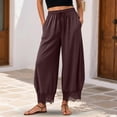 thumbnail image 2 of GEWSEY Women's Cropped Lace-Hem Pants High Waisted Drawstring Wide Leg Pants Casual Lightweight Trousers with Pockets (Brown, S), 2 of 6