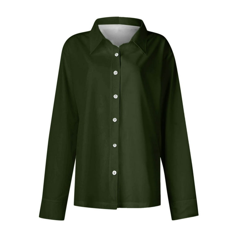Cfhntfmh Womens Button down Shirts Solid Color Dress Shirt Long Sleeve Collared Office Work Blouses Tops Fall Outfits for WomenArmy Green,Medium)