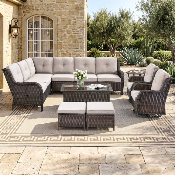 Bellefurn 7 Piece Outdoor Wicker Patio Furniture Set with Swivel Rocking Chairs,Outdoor Sectional Sofa Set L-Shaped Sectional Sofa with Ottomans,Rattan Conversation Set for Backyard Porch Garden