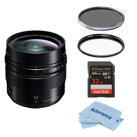 LUMIX G Leica DG Summilux 12mm f/1.4 Aspherical Lens for Micro Four Thirds, Black, Bundle with Hoya 62mm UV CPL Filter Kit, 32GB U3 SDHC Card, Cleaning Cloth