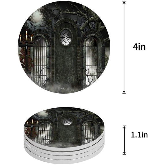 FMSHPON Horror House Decor Moon Halloween Ancient Historical Gate Gothic Candles Fiction View Set of 6 Round Coaster Drinks, Absorbent Ceramic Stone Coasters Cup Mat Cork Base Coffee Table Bar Decor