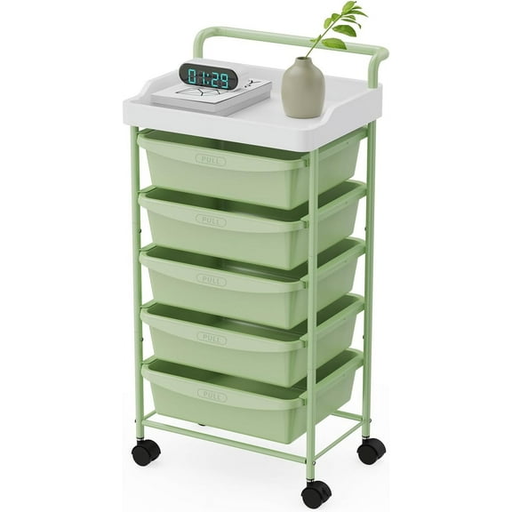 Rolling Storage Cart with Drawers, Utility Cart with 5 Drawers and Tabletop, 5 Tier Utility Cart on Wheels Multipurpose Storage Drawer Cart Organizer with Lockable Wheels for Home Office School, Green