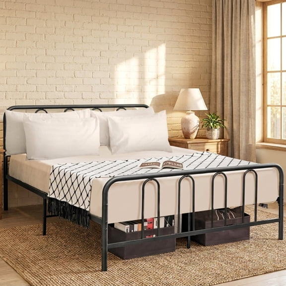 Furnibear Queen Bed Frame, Metal Platform Bed Frame with Headboard and Footboard, Queen Bed Frame with Headboard, No Box Spring, Black