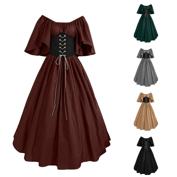 Rggeeun Women Costume Renaissance Costume Maxi Dress Corset Dress Butterfly Sleeve Off The Shoulder Gothic Clothes Vintage Dress Festival Trendy,Brown,L