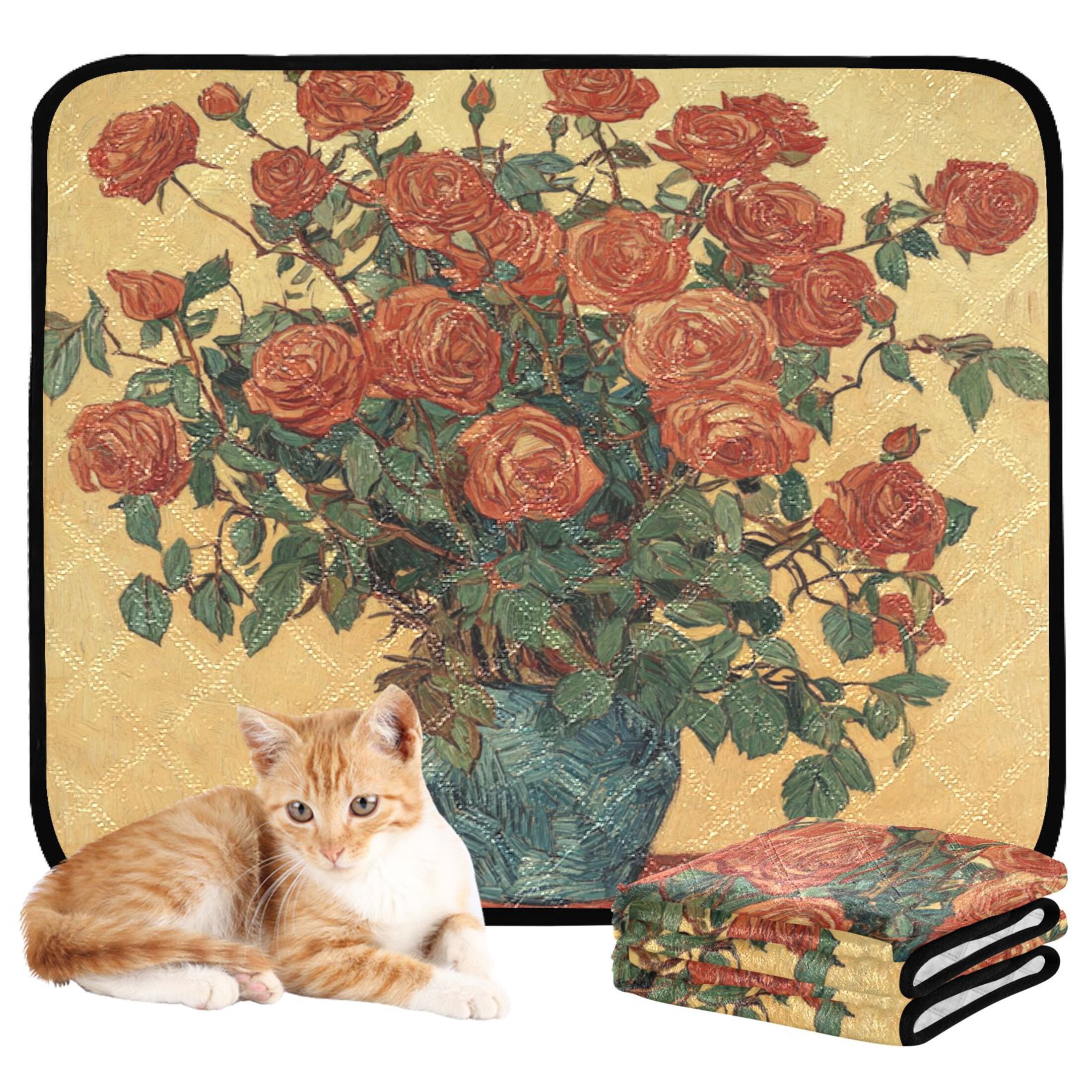 Qxltty Oil Painting Patterns for Red Rose Pots Cat litter Pads Pet Set of 2 Diaper Mats Center Anti-leakage Layer Absorbent Soft and Comfortable