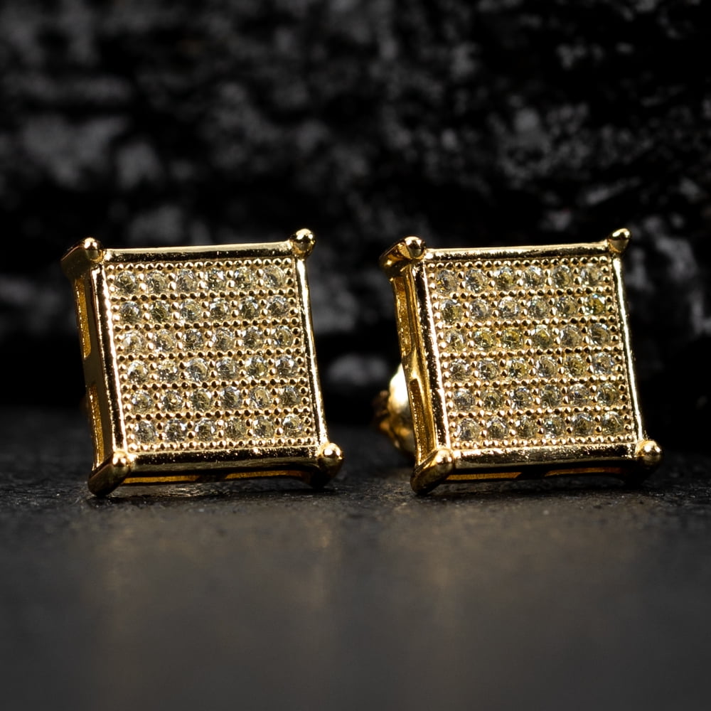 Men's 14K Yellow Gold Plated 925 Sterling Silver Canary Yellow 5A Cz Cubic Zirconia Hypoallergenic Square Flat Screen Iced Hip Hop Micro Pave Ice Out Stud 10mm Screw Back Earrings For Men
