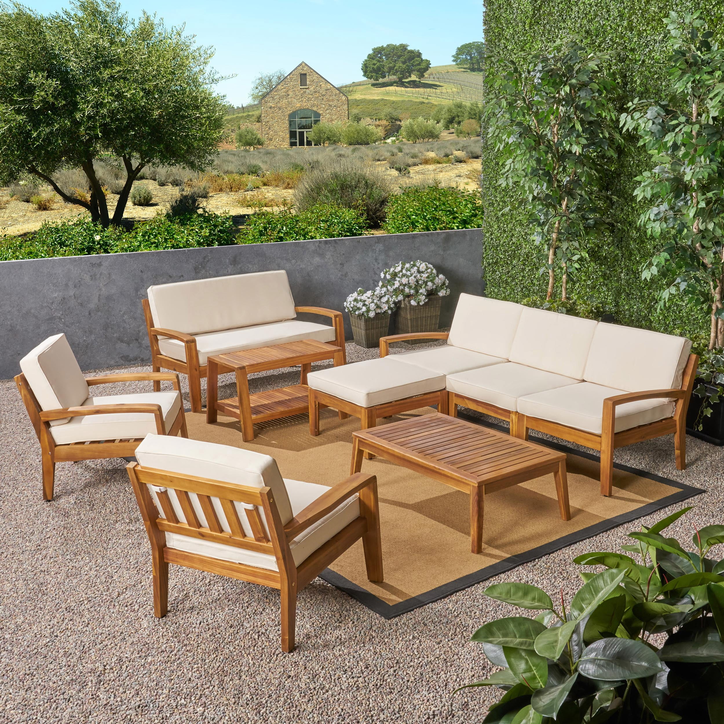 Wilcox Outdoor 9 Piece Acacia Wood Sectional Sofa Set with Cushions, Teak, Beige