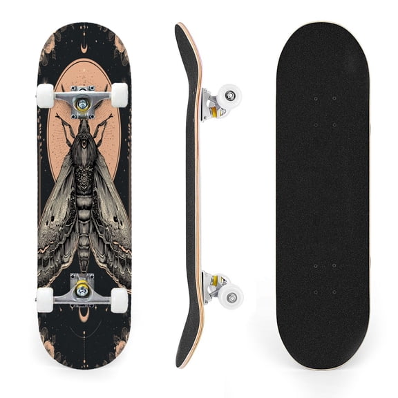 31"x8" Detailed Moth Cosmic Moon Floral Complete Skateboards for Beginners, Double Kick 7 Ply Maple Deck Skateboard with Wheels, Gifts for Kids Teens