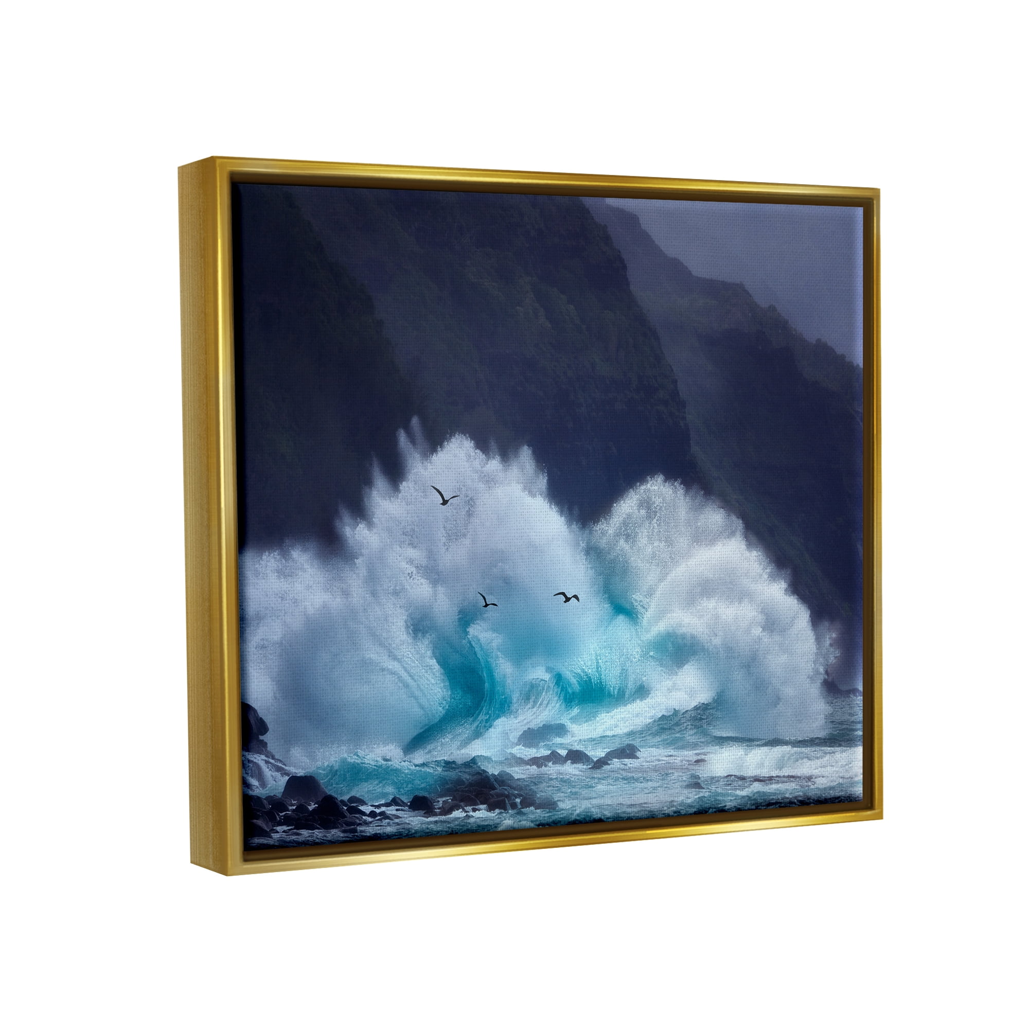 Stupell Industries Tsunami Waves Landscape Nature Photography Gold Floater Framed Art Print Wall Art, 31 x 25