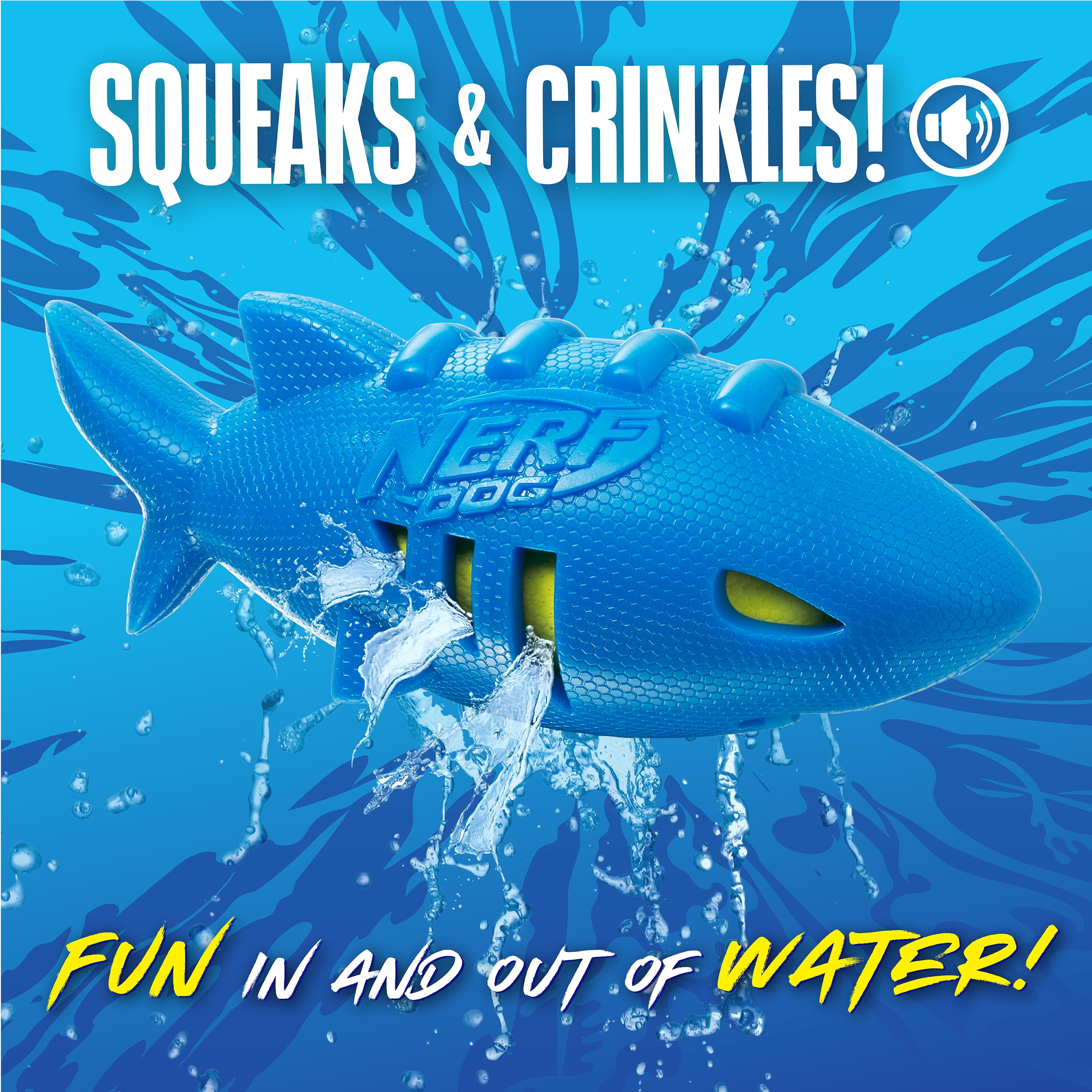 Nerf Dog Shark Football Dog Toy with Water-Soaking Squeak, Blue, 7 inch