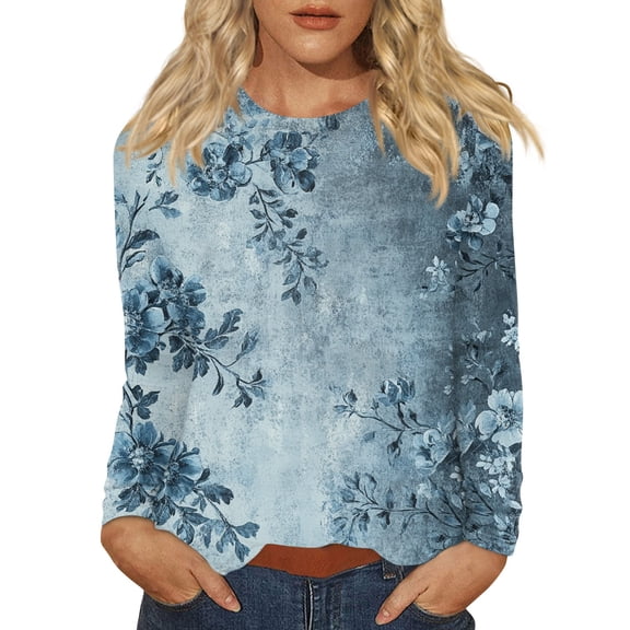 WTOBBY Women's Casual Floral Print Round Neck Long Sleeve T-shirt Top Fashion Wear Comfortable Soft Fabric Breathable Material Daily Outfit Stretch Fit for Versatile Use,Blue L
