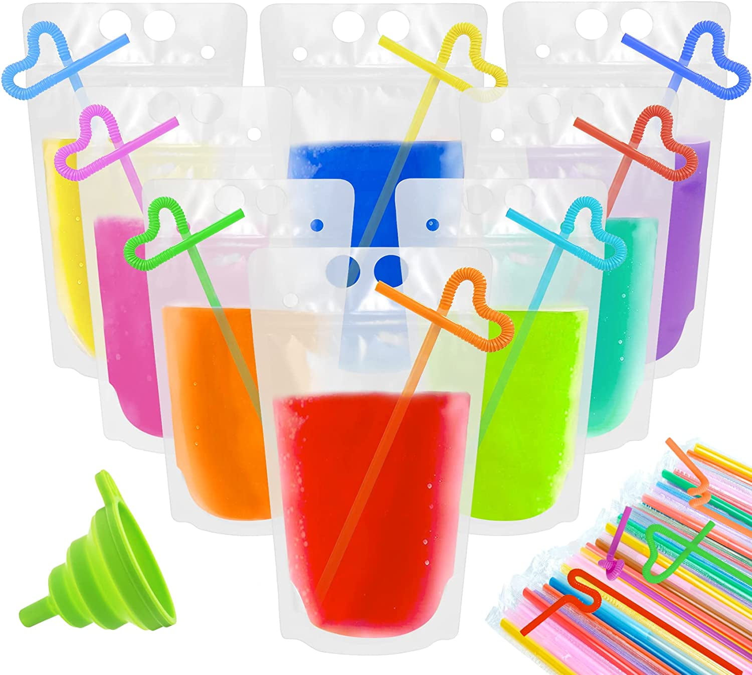 Reusable Plastic Drink Pouches with Straw Funnel 200 Pack Standup