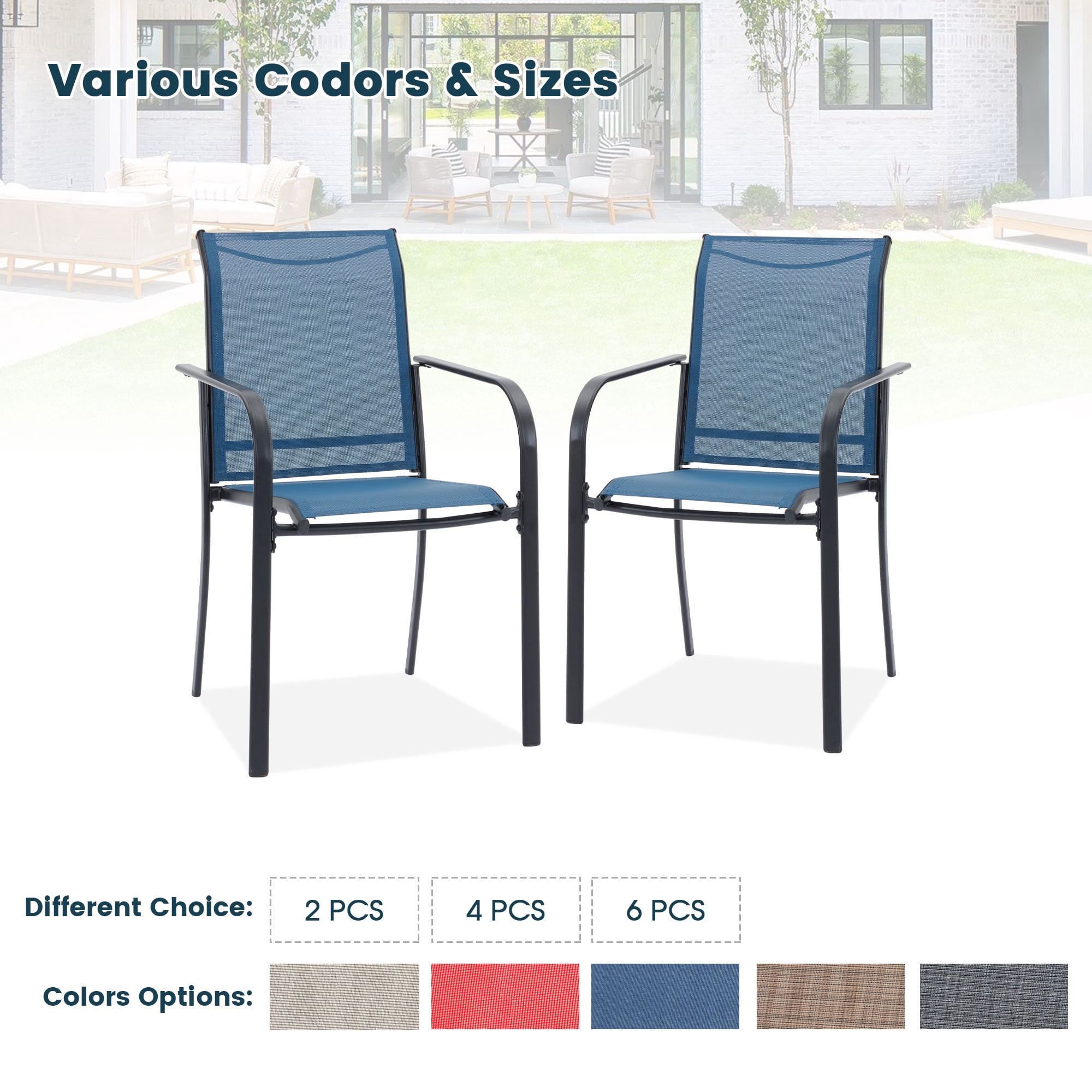 Vicllax Outdoor Dining Chair Patio Chairs Stacking Metal Modern for Deck Garden, Set of 6, Blue