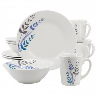 Gibson Home 142755.12 Blue Leaves Round Fine Ceramic Decorated Dinnerware Set, White - 12 Piece