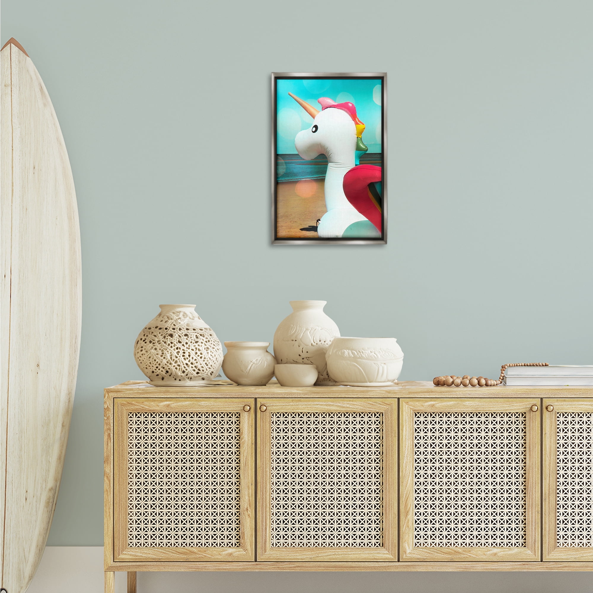 Stupell Industries Unicorn Basking in Bokeh Fantasy & Sci-Fi Painting Gray Floater Framed Canvas Art Print Wall Art, 17 x 25