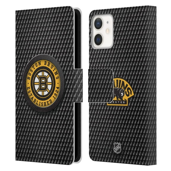 Head Case Designs Officially Licensed NHL Boston Bruins Puck Texture Leather Book Wallet Case Cover Compatible with Apple iPhone 12 Mini