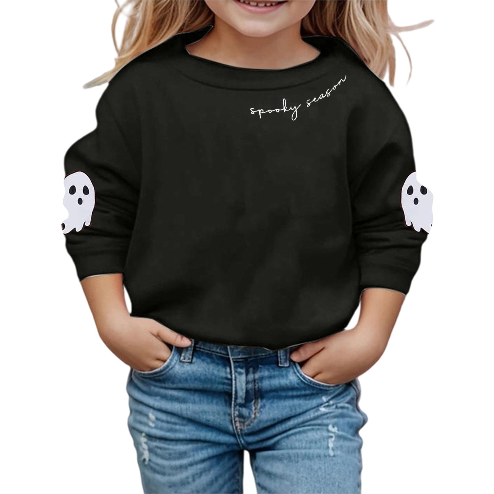 JIAYUE Girls Crew Neck Sweatshirt Long Sleeve Ghost Pattern On Sleeves Loose Halloween Pullover Tops for Seasonal Party