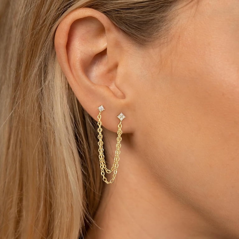 KELMALL Double Piercing Earrings For Two Holes, 14K Gold Chain Stud Earrings For Women: Dainty Small Hypoallergenic Cubic Zirconia Dangle Earrings Fashion Jewelry