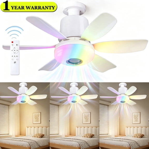 JUSTITUDE Socket Fan Light with Remote , 16.5 Inch LED Socket Mount Socket Fan Ceiling Fans, 3 Colors 3000K-6500K, Easy Install Screw in E26 Base for Bedroom Living Room Kitchen Garage