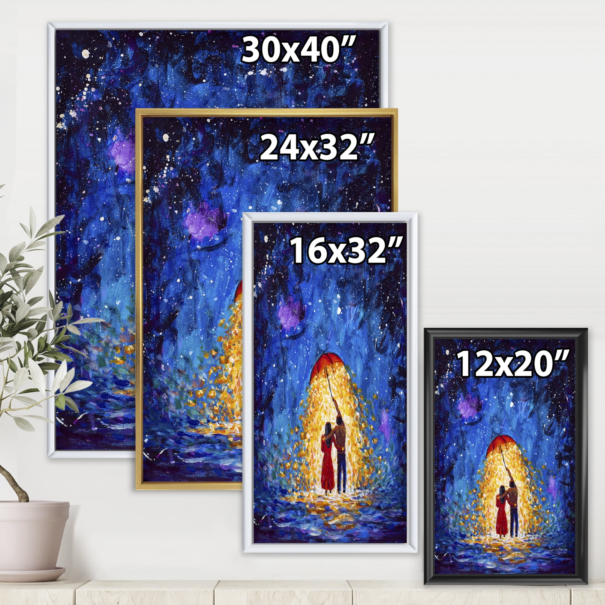 Designart 'Abstract Couple In Love Walks Under Glowing Umbrella' French Country Framed Canvas Wall Art Print