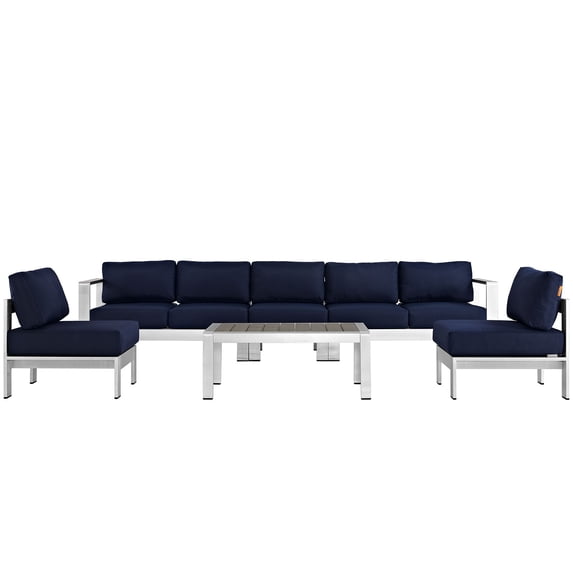 Modern Contemporary Urban Design Outdoor Patio Balcony Six PCS Sectional Sofa Set, Navy Blue, Aluminum