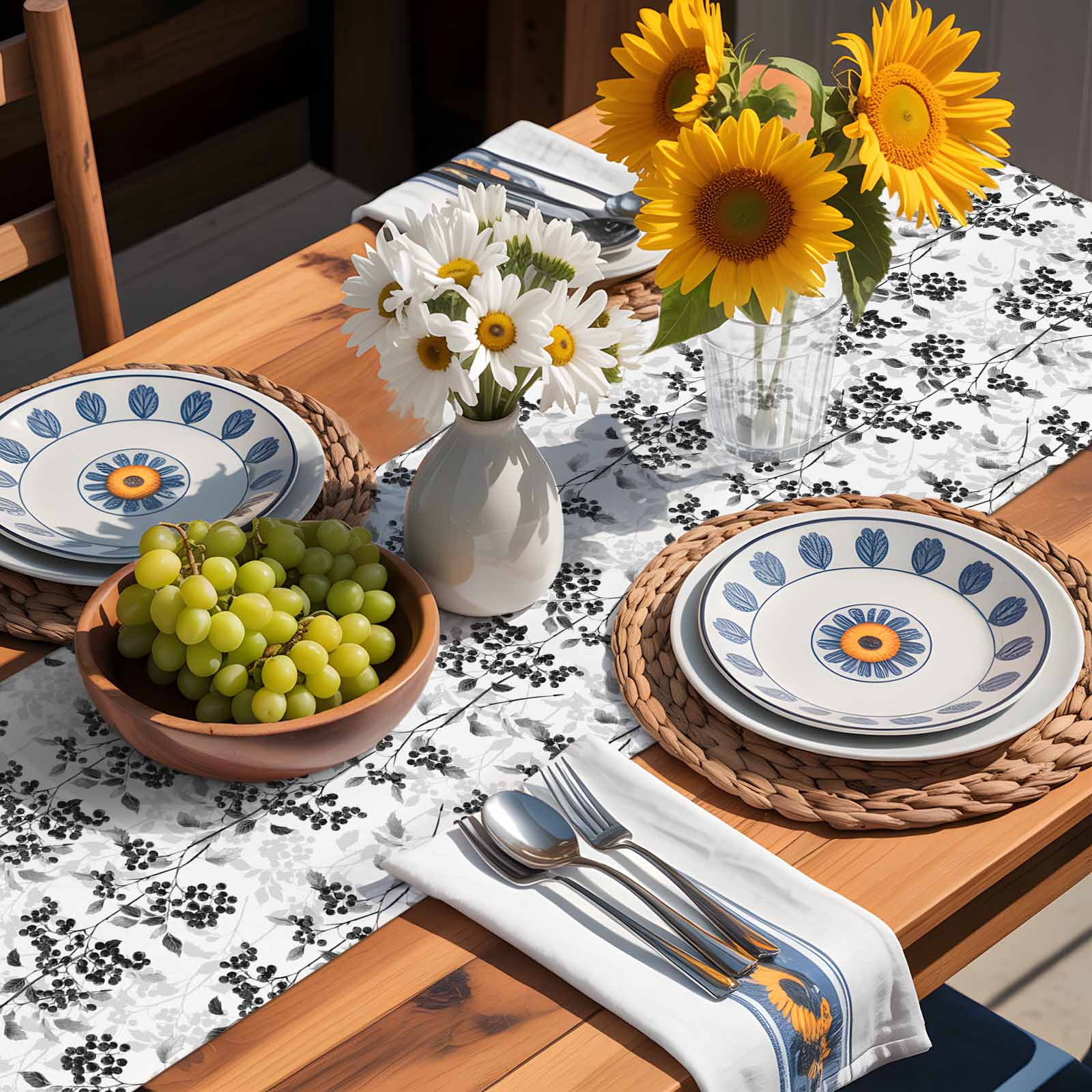 Black-gray Fruit Leaves on White Table Runner 90 Inches Long, Vintage Botanical Table Runners Tabletop Scarf Kitchen Dining Tables Decoration for Home Party Indoor Outdoor