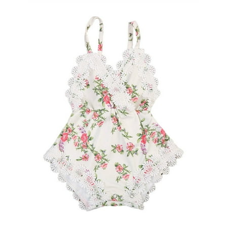 

Calsunbaby Newborn Baby Girls Summer Sleeveless Romper Floral Print Lace Jumpsuit Backless One Piece Clothes White 6-12 Months