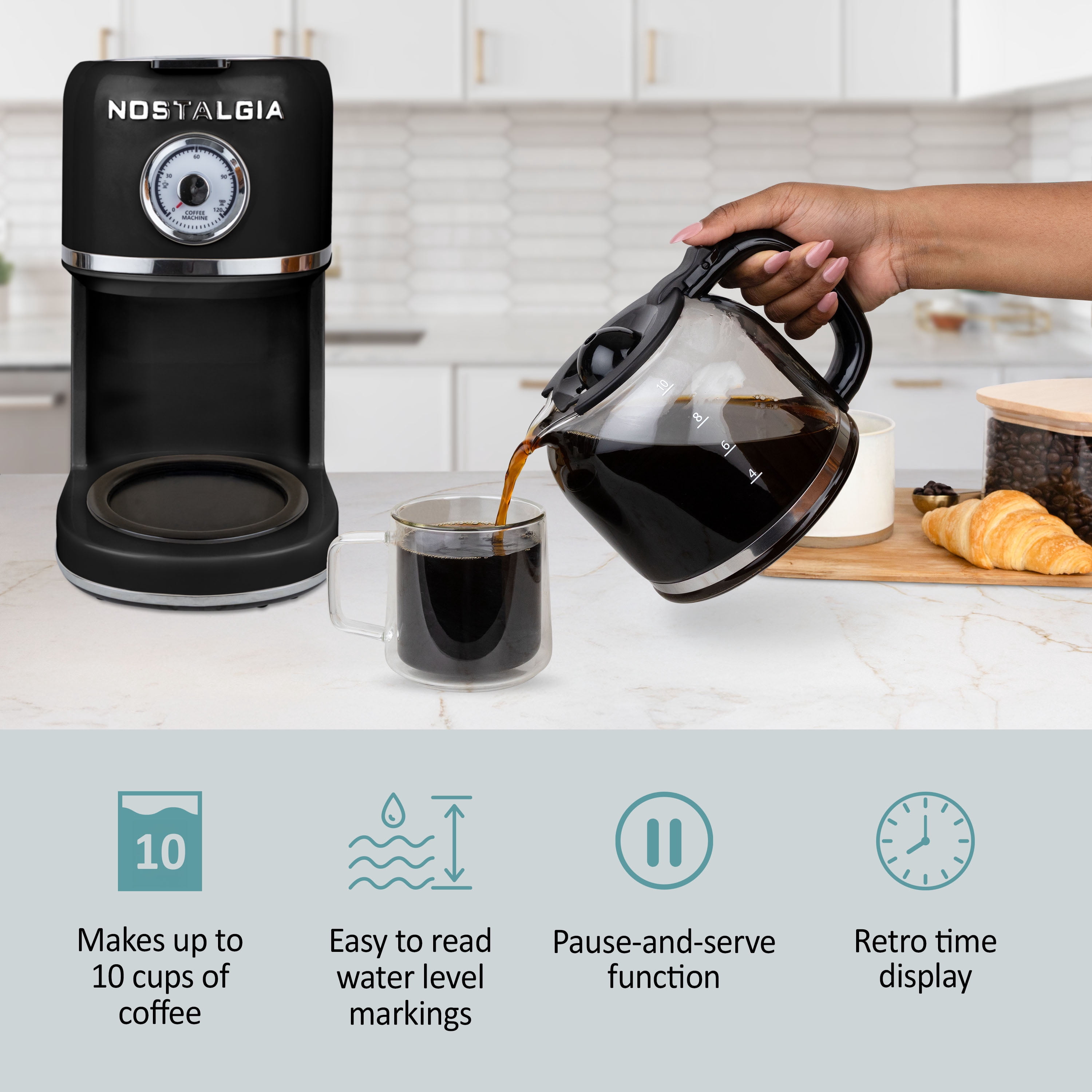 Nostalgia Retro Coffee Maker, 10-Cup One Button Brewing Classic Coffee Machine with Reusable Filter, Black