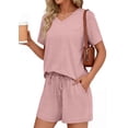 thumbnail image 4 of Sundazz Lounge Sets for Women Summer 2 Piece Outfits V Neck Shirts and Shorts Sets Casual Matching Sets, 4 of 7