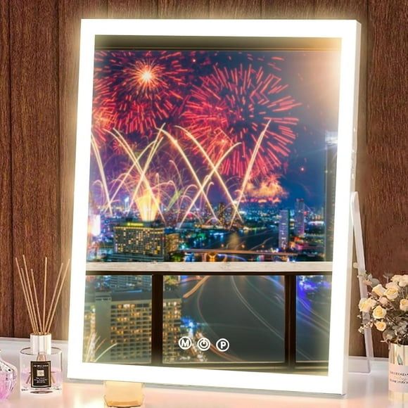 ERDS-Hollywood Vanity Mirror Makeup Mirror with Lights, Tabletop LED Lighted Vanity Mirror, 3 Color Lighting Modes, Vanity Mirror for Bedroom, Smart Touch Control, Tabletop Vanity Mirror, White