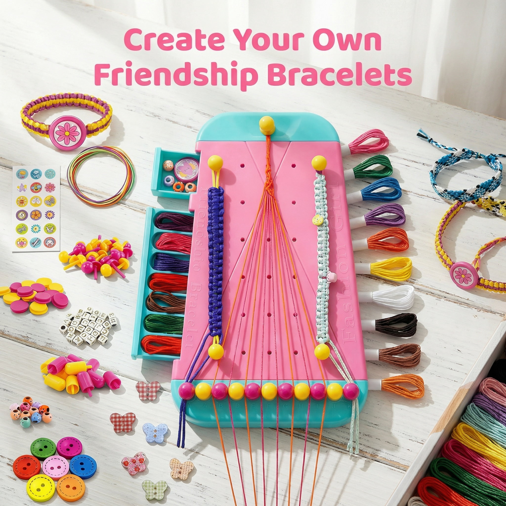 Friendship Bracelet Making Kit for Adults, DIY Jewelry Making Set with 28 Pre-Cut Threads, Letter Beads & Buttons, Portable Craft Tool Kit for Personalized Bracelets, Creative Gift for Ages 16+