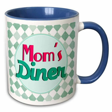 - 3dRose Moms Diner on aqua. Retro hot pink turquoise teal blue 1950s style 50s fifties kitchen Mothers day - Two Tone Blue Mug, 11-ounce